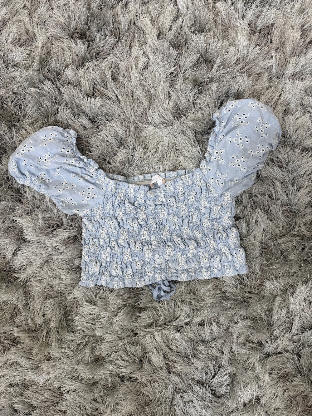 Olivaceous Light Blue Smocked Eyelet Puff-Sleeve Crop Top